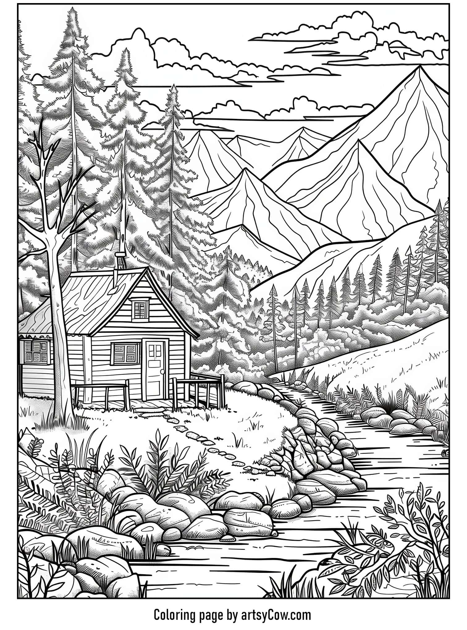 a beautifully detailed mountain landscape with a quaint cabin
